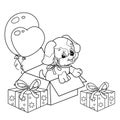 Coloring Page Outline Of cartoon little dog with presents and balloons. Cute puppy as a birthday gift. Pet. Coloring book for kids