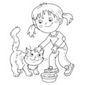 Coloring Page Outline Of cartoon little girl with her cat. Pet. Coloring Book for kids Royalty Free Stock Photo