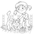 Coloring Page Outline Of cartoon little girl with her cat. Pet. Coloring Book for kids Royalty Free Stock Photo