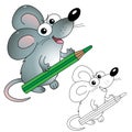 Coloring Page Outline Of cartoon little mouse with green pencil. Coloring Book for kids Royalty Free Stock Photo