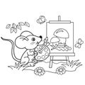 Coloring Page Outline Of cartoon little mouse with picture of mushrooms with brush and paints in the meadow with butterflies