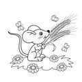 Coloring Page Outline Of cartoon little mouse with spikelets in the meadow with butterflies. Coloring book for kids