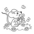 Coloring Page Outline Of cartoon little mouse with strawberries in the meadow with butterflies. Coloring book for kids