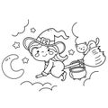 Coloring Page Outline Of cartoon little witch on a broom with a pot and with a cat. Halloween. Coloring Book for kids Royalty Free Stock Photo