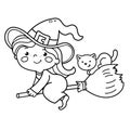 Coloring Page Outline Of cartoon little witch on a broom with a pot and with a cat. Halloween. Coloring Book for kids Royalty Free Stock Photo