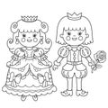 Coloring Page Outline Of cartoon lovely prince with beautiful princess. Royal wedding. Cinderella. Fairy tale hero or character. Royalty Free Stock Photo