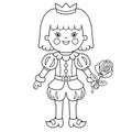 Coloring Page Outline Of cartoon lovely prince with magic rose. Beautiful young king. Fairy tale hero or character. Coloring Book