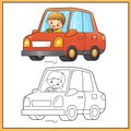 Coloring Page Outline Of cartoon passenger car or machine with driver. Images transport or vehicle for children. Coloring book for