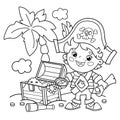 Coloring Page Outline Of Cartoon pirate with chest of treasure. Island of treasure. Coloring book for kids Royalty Free Stock Photo