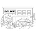 Coloring Page Outline Of cartoon policeman with car. Profession - police. Image transport or vehicle for children. Coloring book