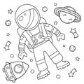 Coloring Page Outline Of a cartoon rocket with astronaut in space. Coloring book for kids