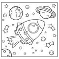 Coloring Page Outline Of a cartoon rocket in space. Coloring book for kids