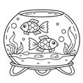 Coloring Page Outline Of cartoon round aquarium with small fish. Pet. Coloring book for kids