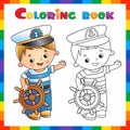 Coloring Page Outline of cartoon sailor or seaman with steering wheel or helm. Profession. Coloring book for kids