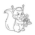 Coloring Page Outline Of cartoon squirrel with strawberries. Coloring book for kids