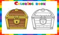 Coloring Page Outline of cartoon treasure chest. Closed coffer with lock. Decorative element for pirate party for kids. Coloring