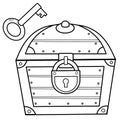 Coloring Page Outline of cartoon treasure chest with key. Closed coffer with lock. Decorative element for pirate party for kids.