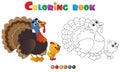 Coloring Page Outline of cartoon turkey with nestling. Farm animals. Coloring book for kids