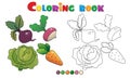 Coloring Page Outline of cartoon vegetables. Cabbage, carrot, beet and radish. Coloring book for kids