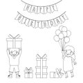 Coloring Page Outline Of children with a gifts at the holiday. Birthday. Coloring book for kids Royalty Free Stock Photo