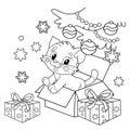 Coloring Page Outline Of Christmas tree with gifts and with little cat. Christmas. New year. Coloring book for kids