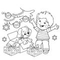 Coloring Page Outline Of Christmas tree with gifts and with little dog. Boy with presents. Christmas. New year. Coloring book for Royalty Free Stock Photo