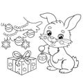 Coloring Page Outline Of cute bunny or rabbit and Christmas tree with gifts. Christmas. New year. Coloring book for kids