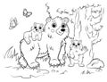 Coloring page outline of cute cartoon bear family. Vector image of bear mom with her cubs on forest background. Coloring book of