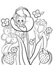 Coloring page outline of cute cartoon forest vole or mouse with flower tulip. Vector image with floral background. Coloring book