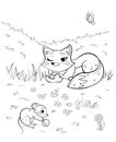 Coloring page outline of cute cartoon fox and mouse or vole. Vector image with forest background.