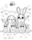 Coloring page outline of cute cartoon hare family with little bunnies. Vector image with forest background.