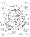 Coloring page outline of cute cartoon hedgehog with apple. Vector image with nature background. Coloring book of forest wild