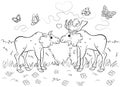 Coloring page outline of cute cartoon moose couple in love. Vector image with forest background. Coloring book of forest wild Royalty Free Stock Photo