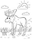 Coloring page outline of cute cartoon moose. Vector image with forest background. Coloring book of forest wild animals for kids Royalty Free Stock Photo