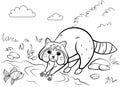 Coloring page outline of cute cartoon raccoon rinsing with a fish. Vector image with nature background. Coloring book of forest