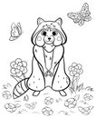 Coloring page outline of cute cartoon standing raccoon with butterflies. Vector image with nature background. Coloring book of