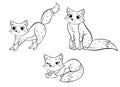 Coloring page outline of cute cartoon wild fox. Fox in different postures. Vector set of sitting, lying and hunting fox. Coloring