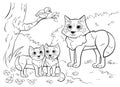 Coloring page outline of cute cartoon wolf family with little cubs. Vector image with forest background.