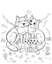 Coloring page outline of cute cartoon wolf family with little cubs. Vector image with forest background.