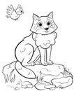 Coloring page outline of cute cartoon wolf sitting on a stone. Vector image with forest background.