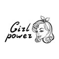 Coloring page outline, Cute pinup girl with text girl power isolated on white background illustration vector. Royalty Free Stock Photo