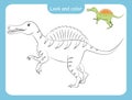 Coloring page outline of dinosaur with colored example Royalty Free Stock Photo