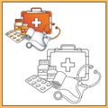 Coloring Page Outline Of first aid kit and professional instruments of doctor. Medical logo. Coloring book for kids