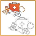 Coloring Page Outline Of first aid kit and professional instruments of doctor. Medical logo. Coloring book for kids