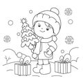 Coloring Page Outline Of girl with gifts at Christmas tree. Christmas. New year Royalty Free Stock Photo