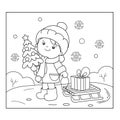 Coloring Page Outline Of girl with gifts and Christmas tree Royalty Free Stock Photo