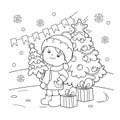 Coloring Page Outline Of girl with gifts at Christmas tree. Christmas. New year. Coloring book for kids Royalty Free Stock Photo