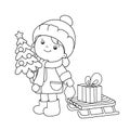 Coloring Page Outline Of girl with gifts at Christmas tree. Christmas. New year. Coloring book for kids. Royalty Free Stock Photo