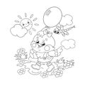 Coloring Page Outline Of a happy chicken walking with a balloon