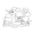 Coloring Page Outline Of a Jolly frog floating on a boat